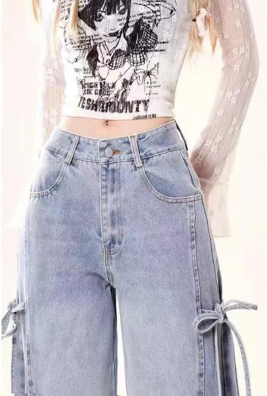 BXCNCKD Women‘s Jeans High Waist Wide Leg Flare Pants Bow Tie-Waist Detail Denim Retro Spring Summer Loose Fit Trousers - Image 3