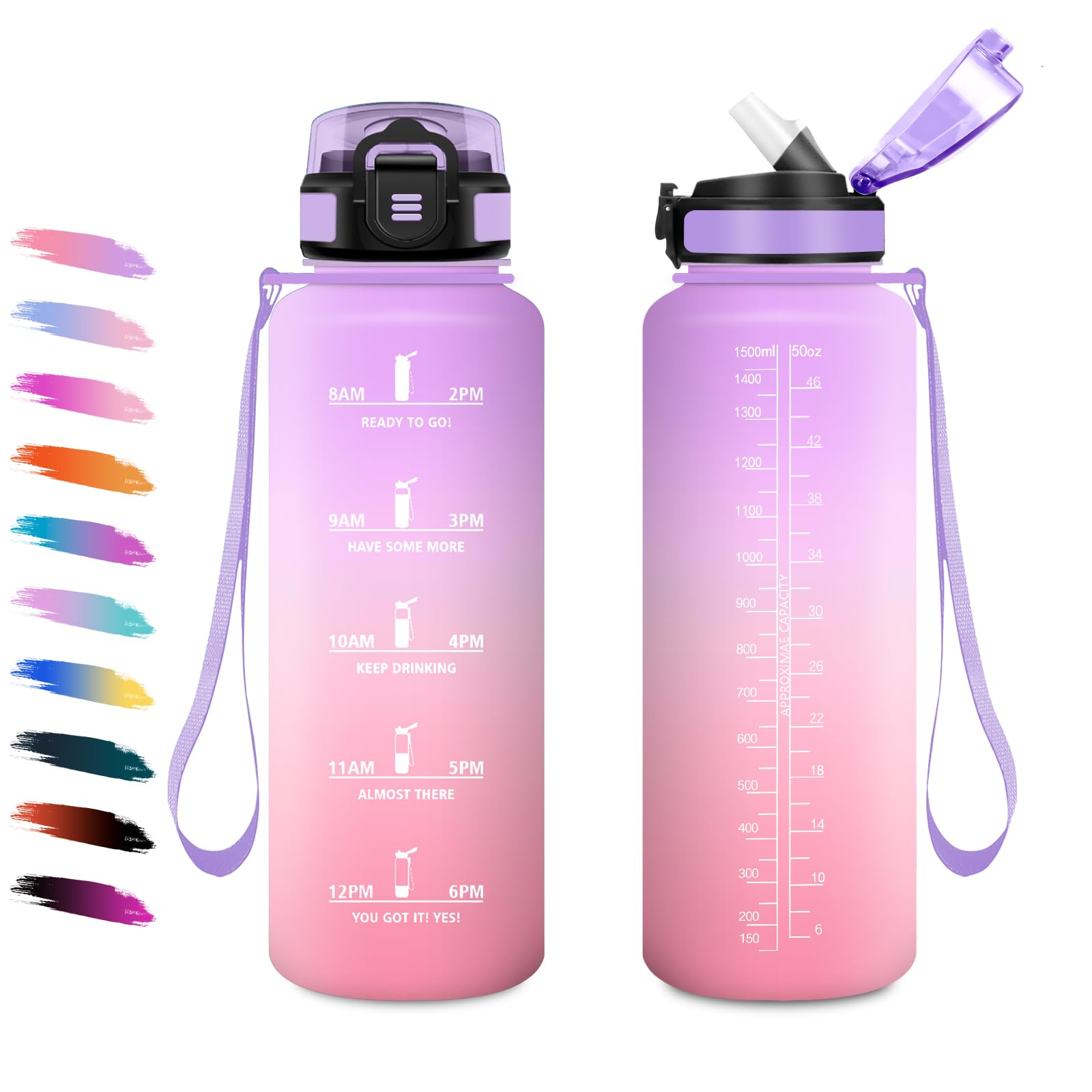 Borraccia Sportiva 1,5L, Bottiglia con Cannuccia, a Prova di Perdite, Facile Pulizia, Bottiglia Acqua Motivazionale con Indicatore del Tempo, per Campeggio, Ciclismo, Scuola, Ufficio, Lavoro