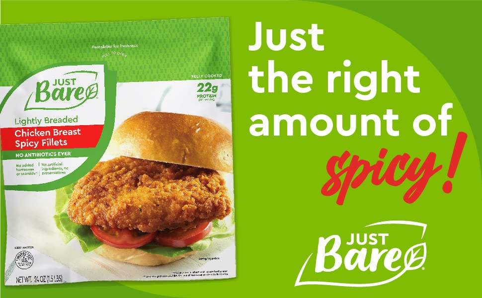 Just Bare® Chicken Lightly Breaded Spicy Breast Fillets | Fully Cooked |16 G Protein | Frozen |1.50 LB