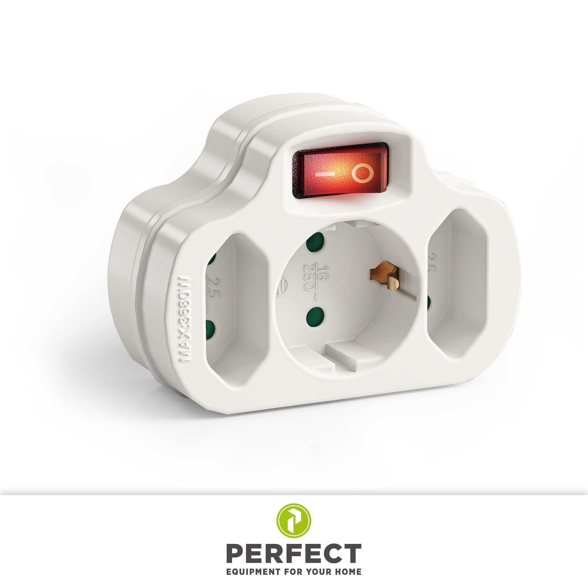 Wielokrotne gniazdko z włącznikiem/wyłącznikiem, 1 x gniazdo Schuko 16 A / 250 V AC, 2 x gniazdo Euro 2,5 A / 250 V AC, 3680 W, białe