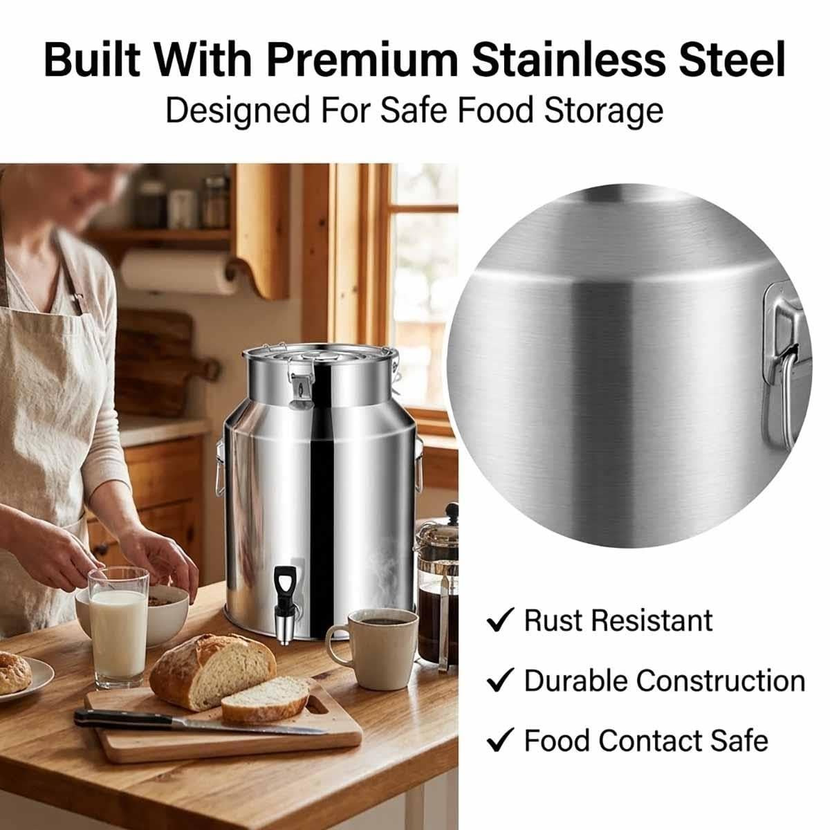 Bidon INOX Avec Robinet,Pot À Lait En Acier Inoxydable 5/8/11/28 /88/100L | Couvercle Hermétique Pour Stockage Huile D'Olive Et Eau, Seau Alimentaire Cuisine(With faucet,28L)