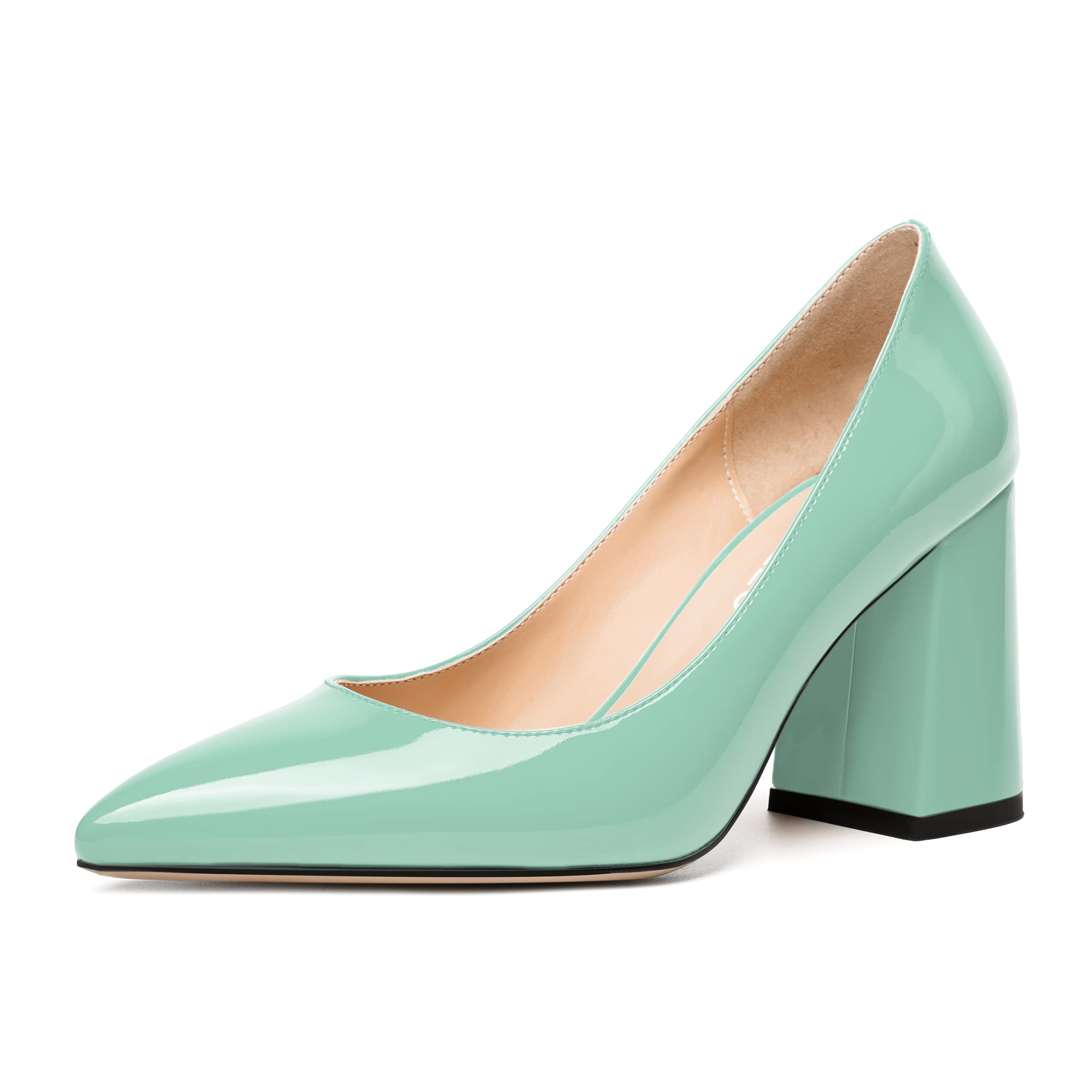 NUMALEO Womens Solid Pointed Toe Casual Dating Patent Slip On Block High Heel Pumps Shoes 3.3 Inch