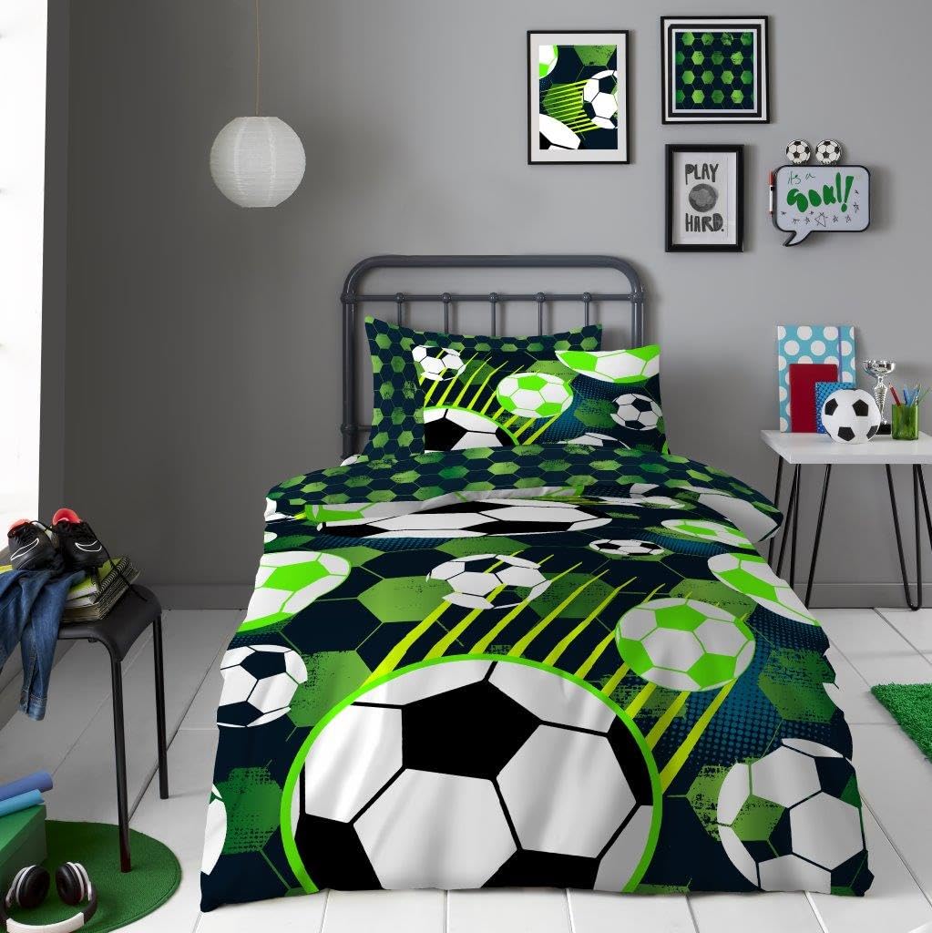 Lions Green Football Bedding Single Bed - Boys Duvet Cover Set with Matching Pillowcase (135 x 200 cm) - Soft Polycotton Reversible Soccer Printed Quilt Covers, Button Closure