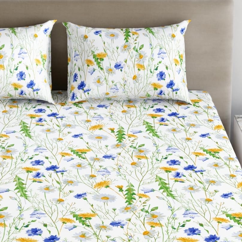 Image of Dreamscape 100% Cotton Fitted Bedsheet for King Bed, 186 TC, 1 Fitted Bed Sheet (Size 72 x 78 inches) with 2 Pillow Covers - Blue