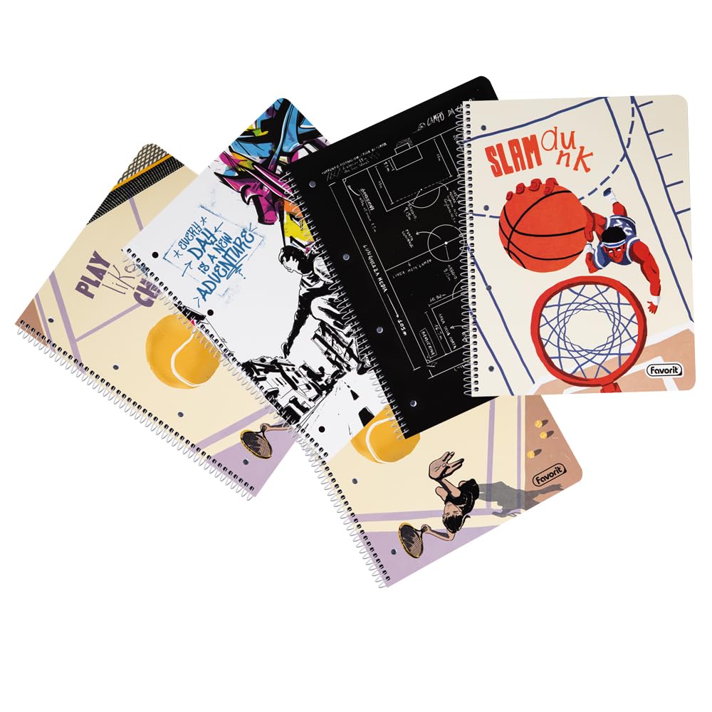 Favorit, Pack of 5 A4+ Ruled Spiral Notebooks, 4 Assorted Subjects+1 Random