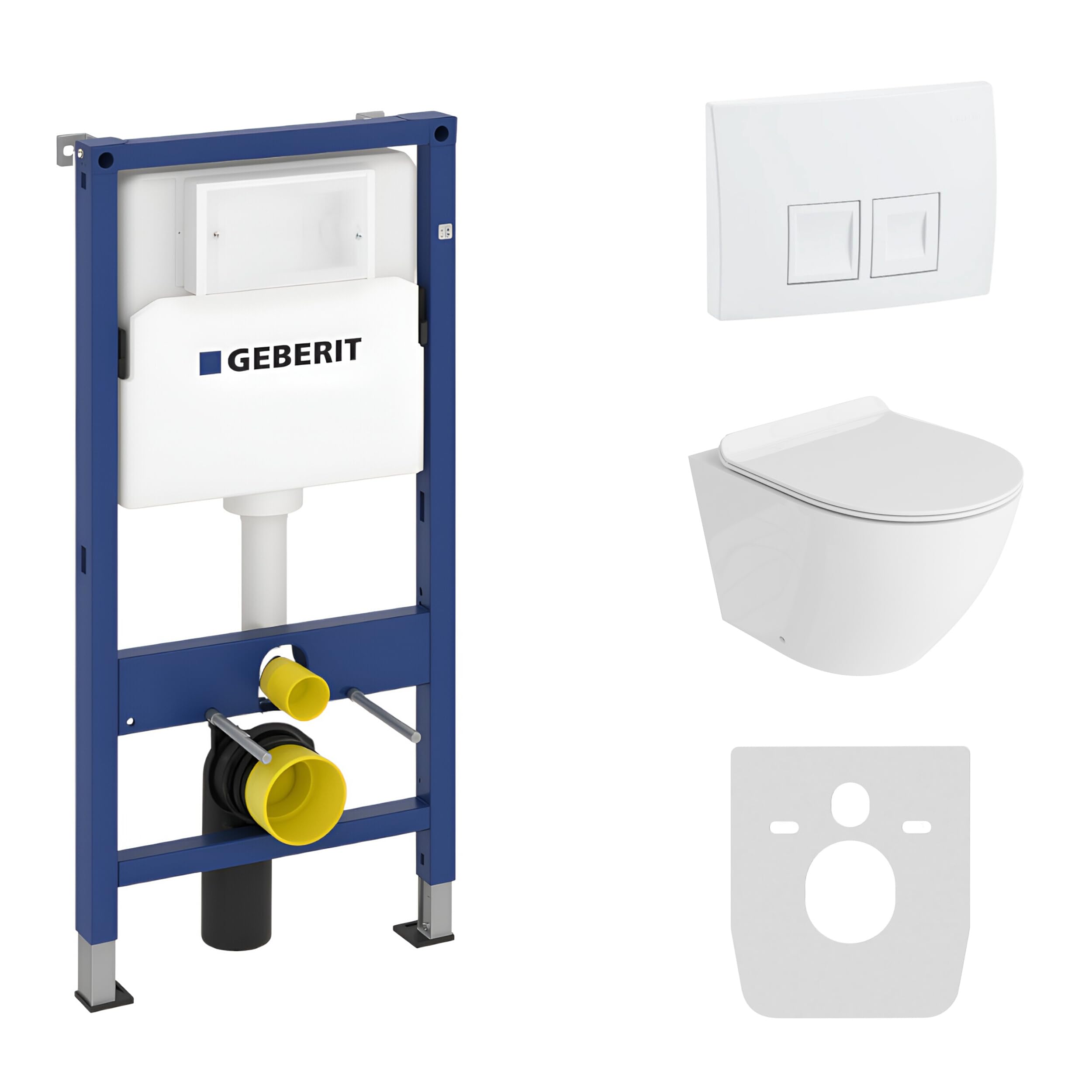 Lavita Duofix Basic Vorwandelement + Wand Tiefspül WC Sofi Weiß Spülrandlos + WC Sitz mit Absenkautomatik+ Bedienplatte Delta 25 Weißer Knopf Komplettset Unterputz Spülkasten Toilette Komplett Sett WC