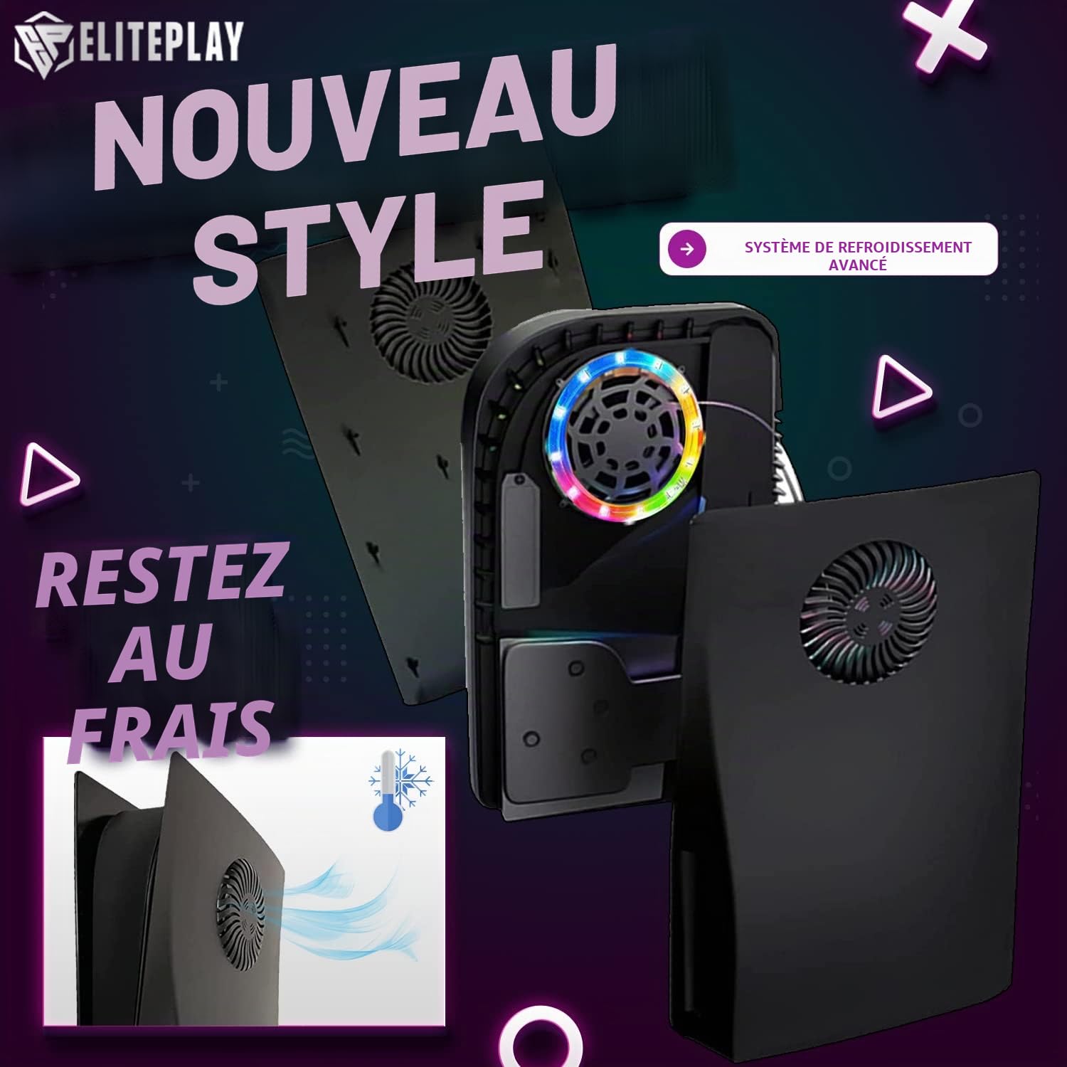 ElitePlay Façade noire PS5 avec lumières LED et grille d'aération de rechange pour Playstation 5 Disc Edition