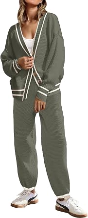SAUKOLE Womens Two Piece Outfits Knit Sweater Sets Oversized Button Down Cardigan and Long Pants Matching Lounge Set