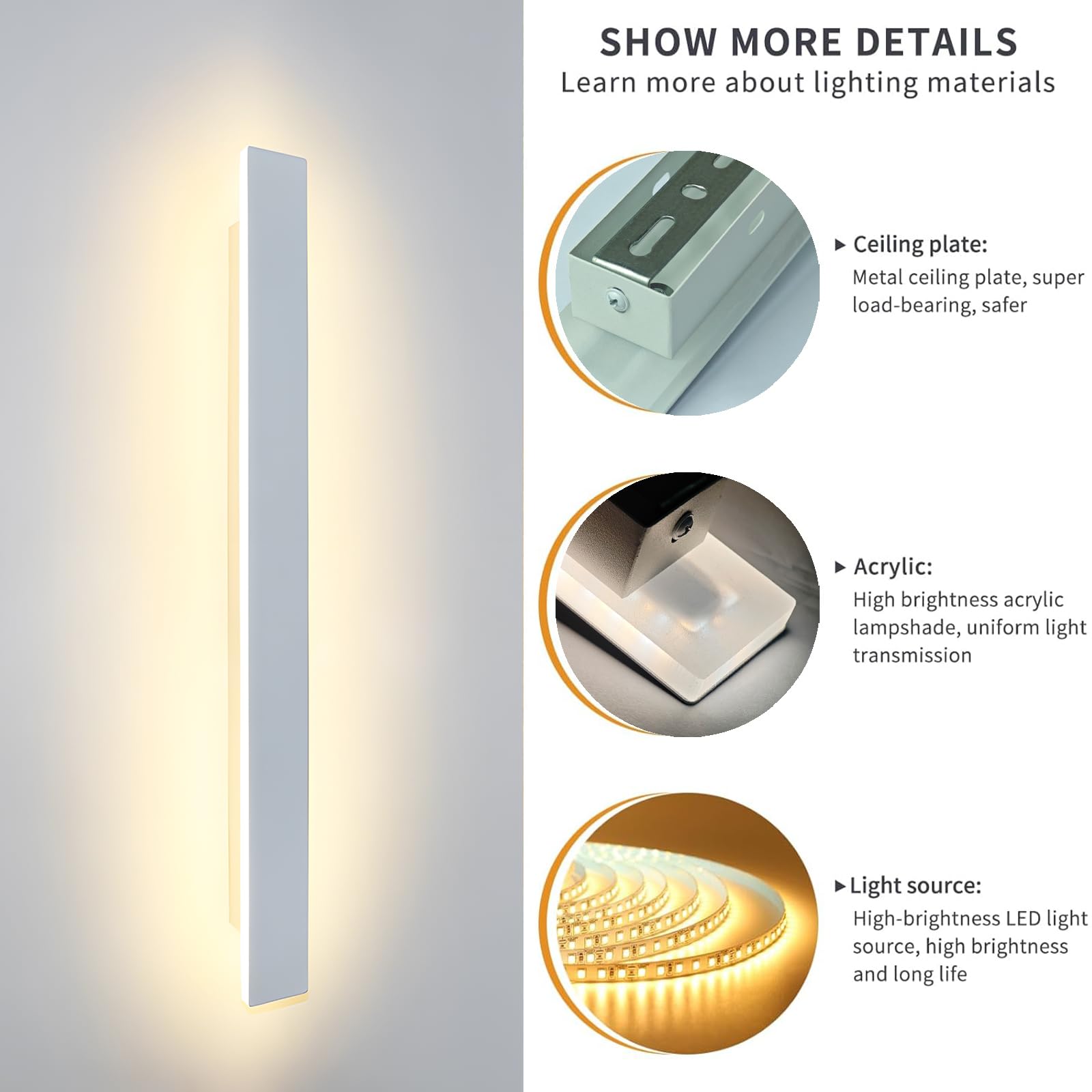 LED Wandleuchte Innen Lange 100CM,36W Wandlampe Moderne | Drei Farbtemperaturen 3000K/4000K/6000K Wandbeleuchtung für Schlafzimmer Wohnzimmer Korridor Treppenhaus,110-240V,Weiß