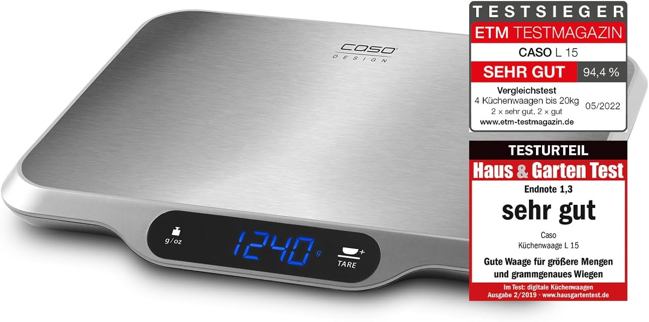 CASO Design L15 Extra Large Kitchen Scales, Weighing Scales with Easy to Read Display, Digital Scales weigh up to 15kg in 1g Increments, Metric & Imperial, Tare Function, Stainless Steel