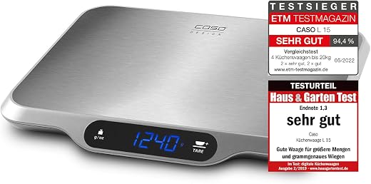 Caso L15 Design Kitchen Scales Digital Kitchen Scales with Extra Large Weighing Surface (30 x 22 cm) Made of Brushed Stain...