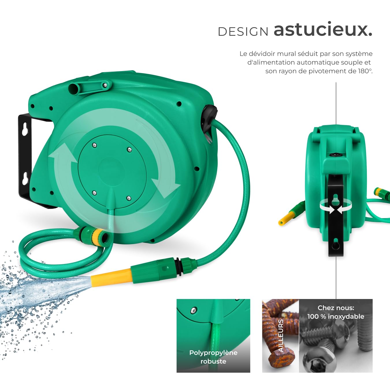 tectake® Enrouleur tuyau arrosage Dévidoir mural Enroulage automatique régulier avec guidage Tuyau arrosage 10m et Lance à eau inclus, Support mural pivotant à 180°, Dévidoir Jardin Jardinage Terrasse