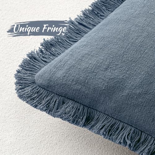 Image of MIULEE Decorative Lumbar Throw Pillow Covers Neutral Linen Fringe Throw Pillows Set of 2 Blue Ashes Boho Farmhouse Cushion Covers for Couch Sofa Bed Living Room Spring Home Decor 12x20 Inch