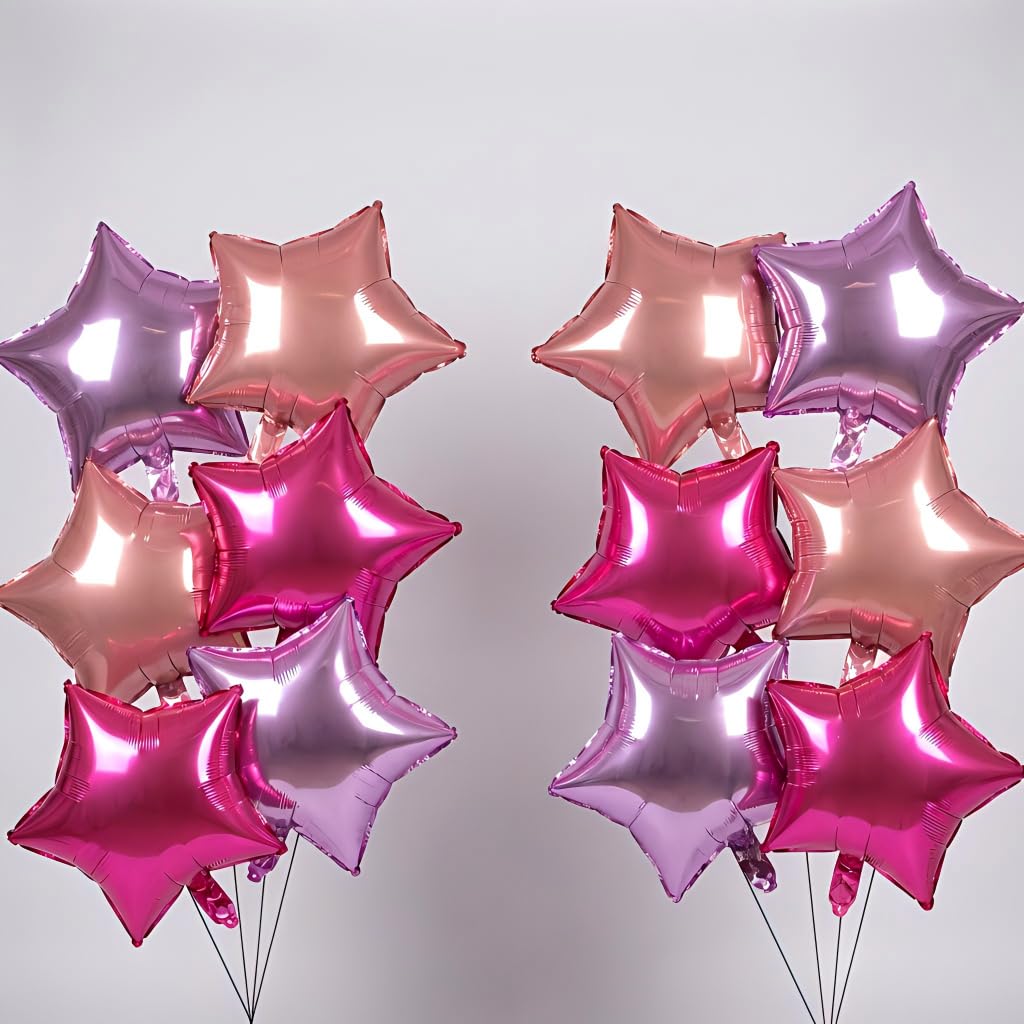 12 Pack 18 Inch Star Balloons - Metallic Pink Purple Foil Balloons for Party Decorations, Self-Sealing & Reusable with Ribbon & Needle Included
