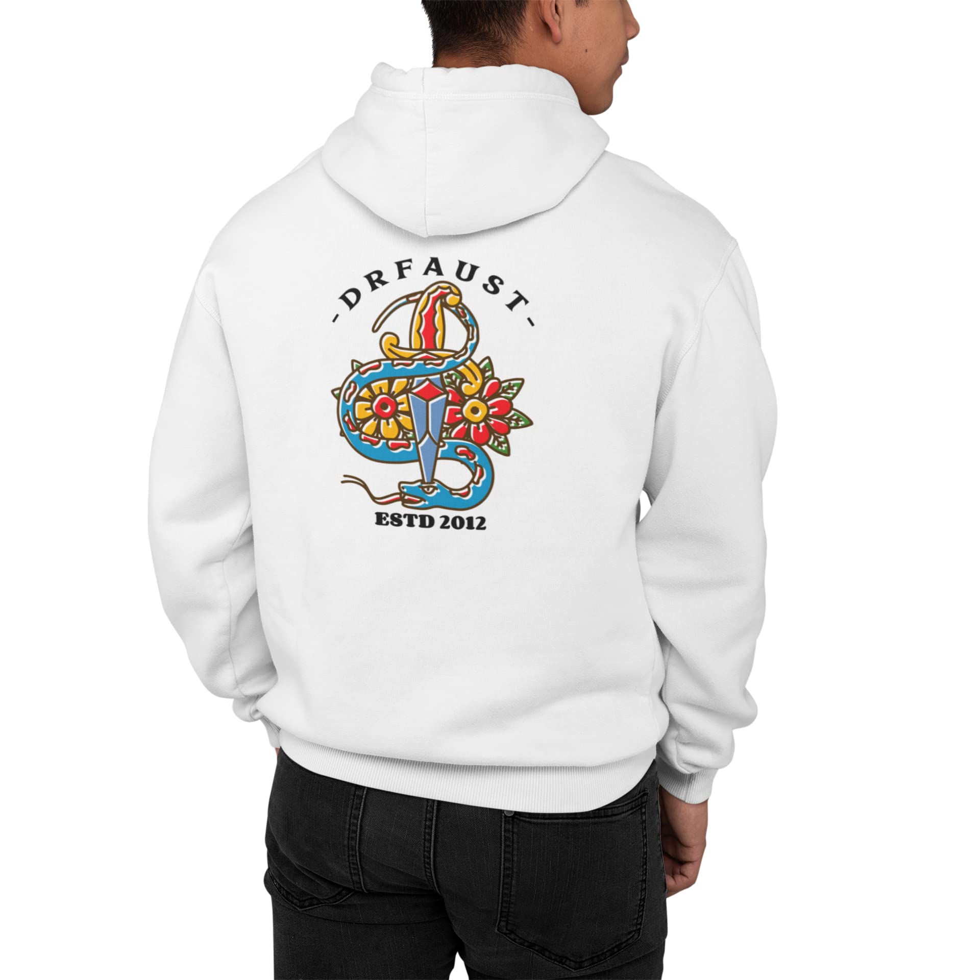 dr faust Snake n Dagger Printed on Back & Front Logo Unisex Plus Size Sweatshirt Hoodies Men Women Tattoo Skating Inspired Streetwear Clothing Hip Hop Apparel