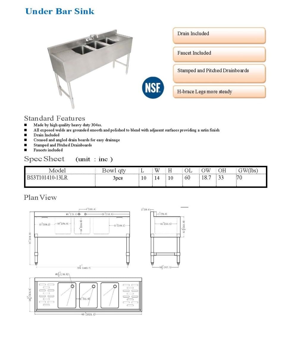 Commercial 3-Compartment Underbar Sink, 60L x 18.7W inches, NSF, Heavy-Duty Stainless Steel with Faucet and Drains BS3T101410-13LR