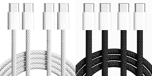 TOP-UP Paquete de cables USB C a USB C – 2 cables trenzados de carga rápida de 3.3 pies negros + 2 cables blancos de carga rápida, cable PD tipo C