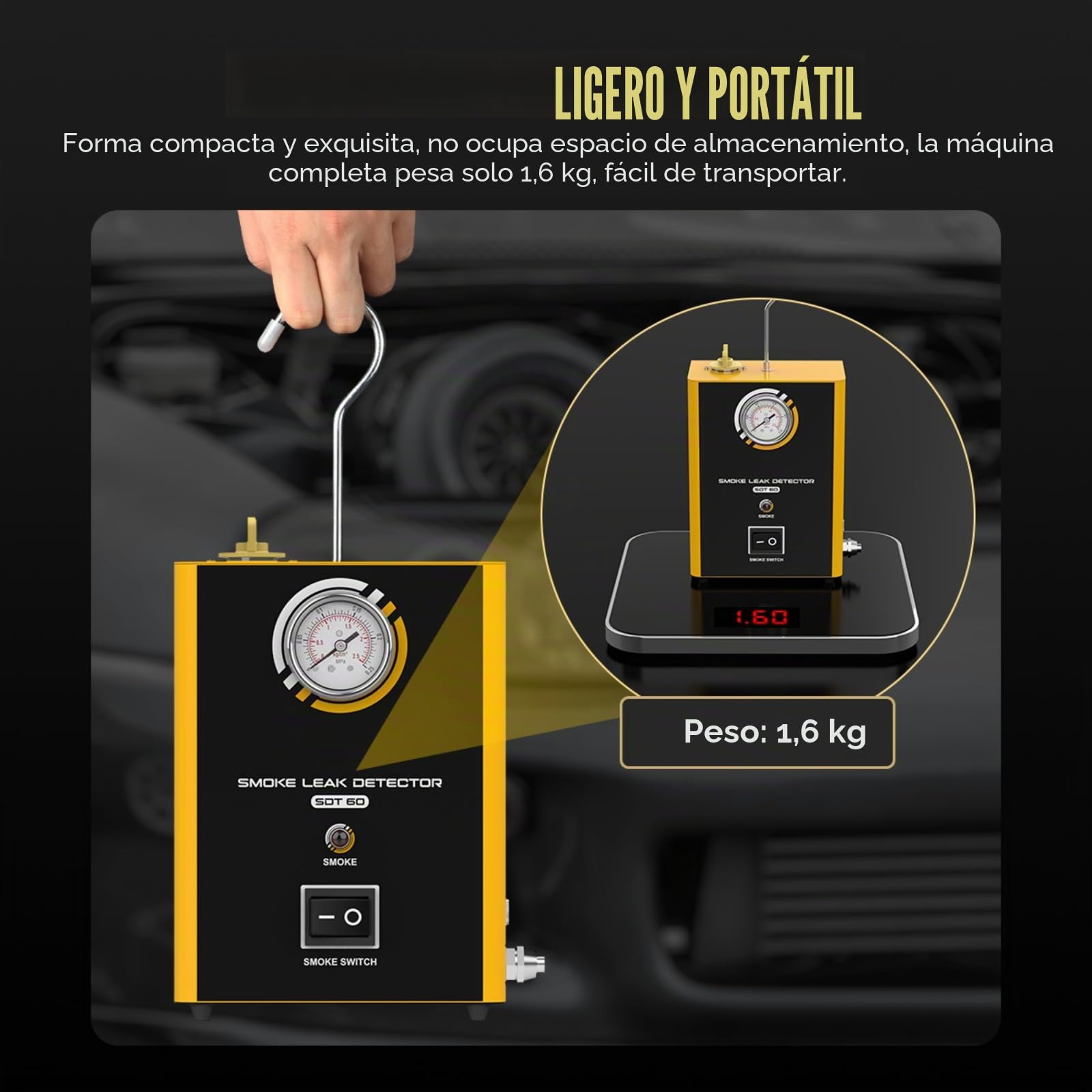 Detector de fugas de humo SDT60, máquina de humo para coche de 12 V con bomba de aire integrada y manómetro, portátil, 1,6 kg, probador de fugas de EVAP, para coches, motos, camiones, sistemas