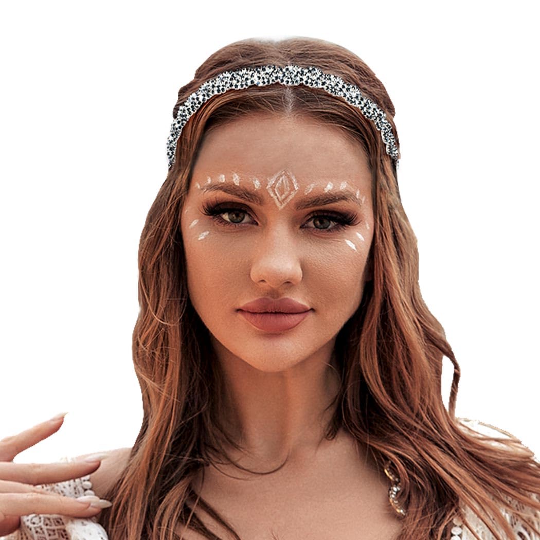 Women's Rhinestone Headbands Sparkly Elestic Hairband Vintage Metal Headbands Sparkly Elegant Party Daily Head Chain (Black, M) - Image 4
