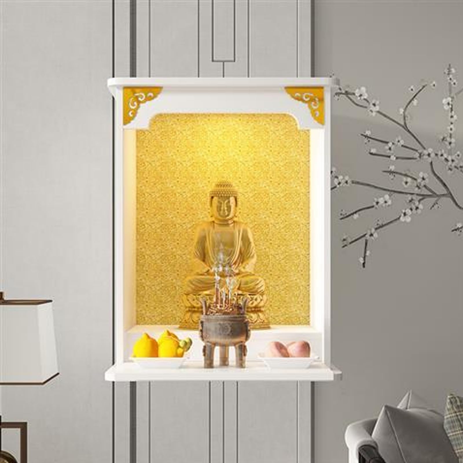 JNTFNE Buddha Altar Shelf, Chinese Buddhist Cabinet, Wall Mounted Shrine with Pull-out Storage Panel, Meditation Table, Puja for Home or Temple Worship(White,60x33x53cm/23.5x13x21)