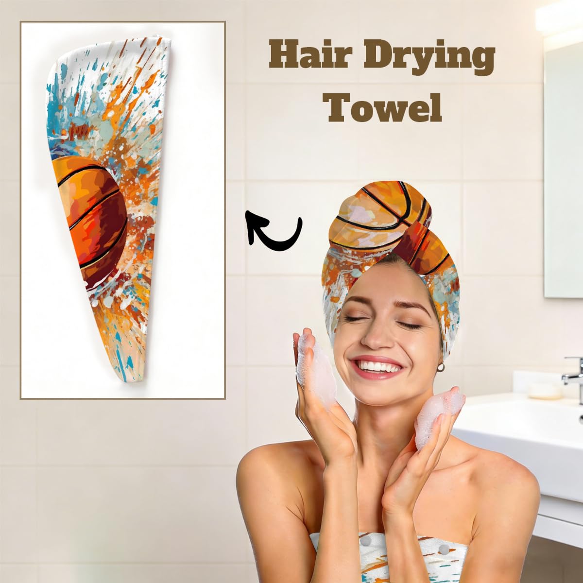 Mikrofaser-Duschtuch für Damen, mit Haar-Handtuch, Aquarell-Spritzer, Basketball, weiche Körperwickel, Kleid mit Haartrocknungskappe für Strand, Pool, Spa, 2 Sets