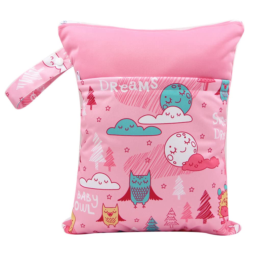 Treer Dry Wet Bag Baby Nappy Organizer Bag Large Double Zipper Reusable Waterproof Cute Animals Print Baby Carriage Hanging Bag, for Soiled Baby Items or Wet Clothes Storage (Pink Moon)