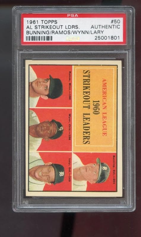 1961 Topps #50 AL Strikeout Leaders Jim Bunning Early Wynn Lary Ramos PSA AUTHENTIC Graded Baseball Card MLB A.L.