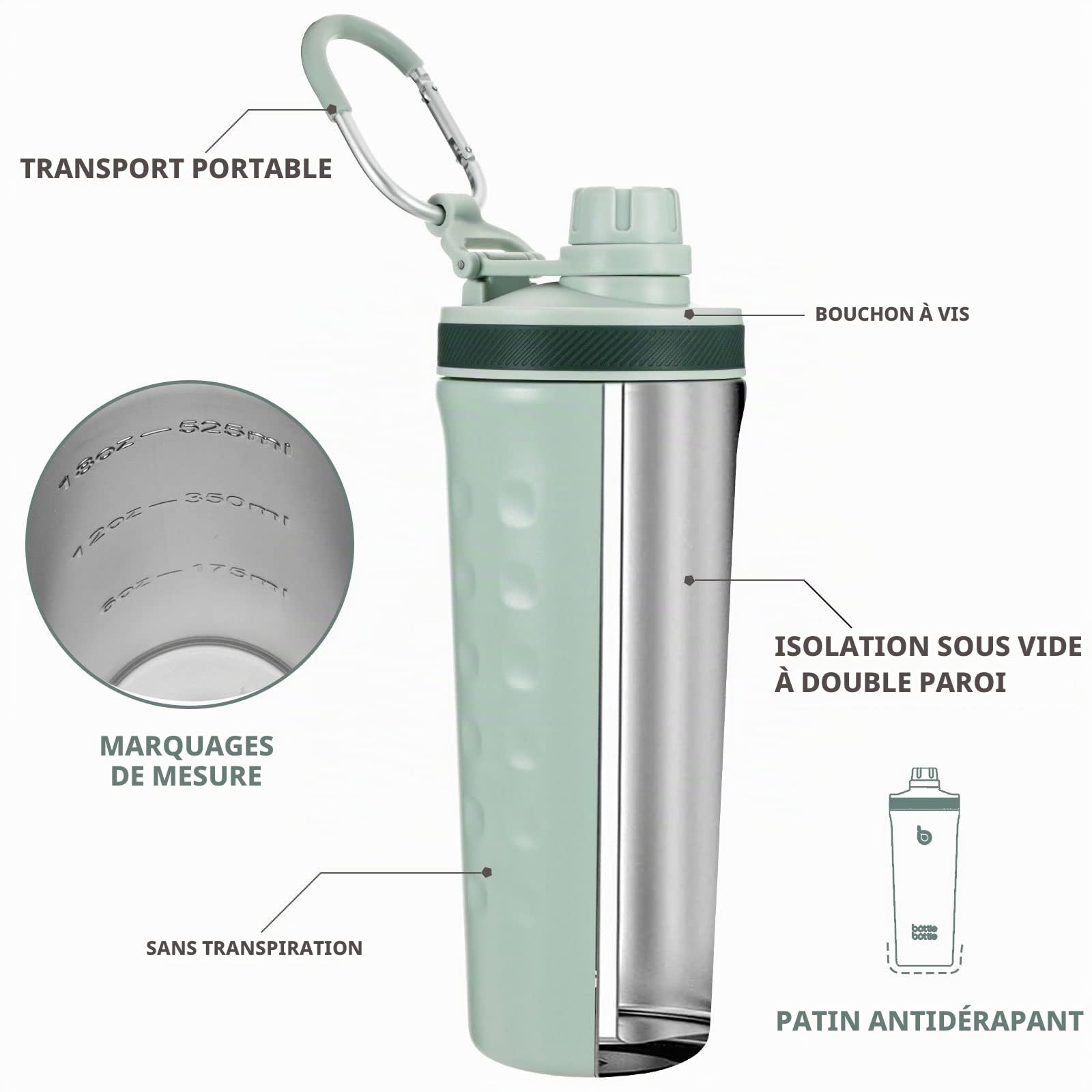 BOTTLE BOTTLE Bouteille shaker isolée de 26 oz avec fouet à fil Bouteille d'eau réutilisable en acier inoxydable pour le gym - Vert