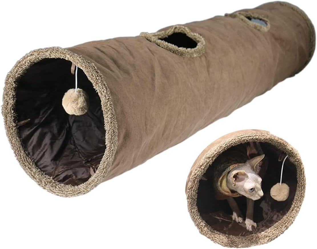 Felizzyroo Extra Long Cat Tunnel, Collapsible Suede Play Tunnel with Jingle Ball & Peekaboo Holes for Cats, Kittens, Rabbits & Puppies (Brown),30 * 130cm
