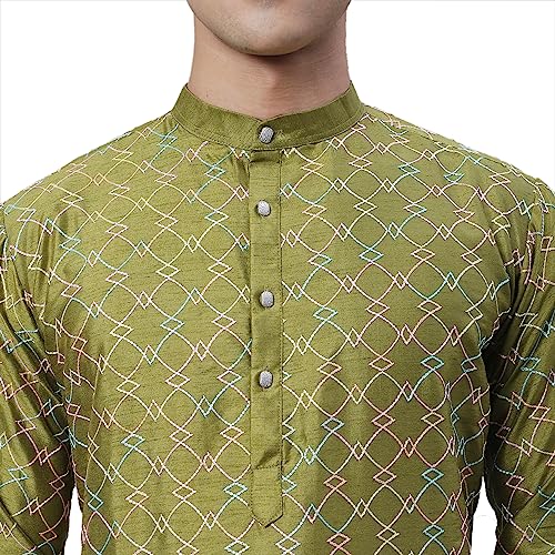 Image of SOJANYA (Since 1958 Men's Silk Blend NavyBlue Kurta with Multi Color Embroidery and Off-White Pyjama