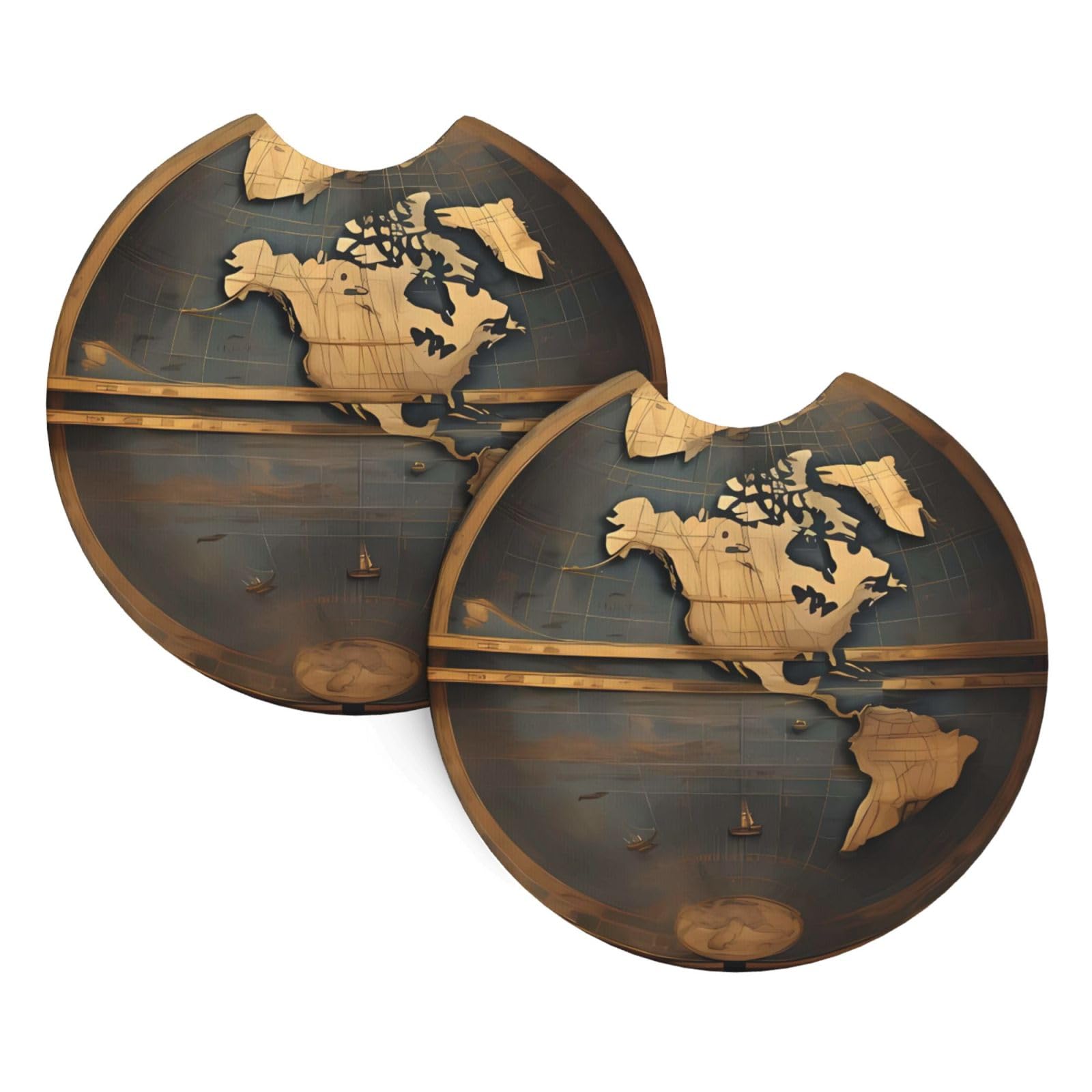 2 Pack Car Coaster for Cup Holders Ancient World Globe Car Cup Coaster 2.7" Neoprene Non-Slip Automotive Cup Mat Universal Auto Car Interior Accessories for Women Men Cup Pad