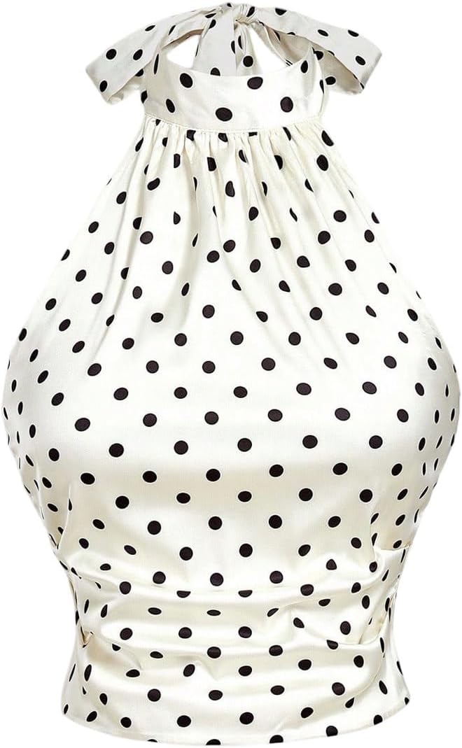 SweatyRocks Women's Polka Dots Tie Backless Halter Top Casual Sleeveless Fitted Crop Date Night Tops