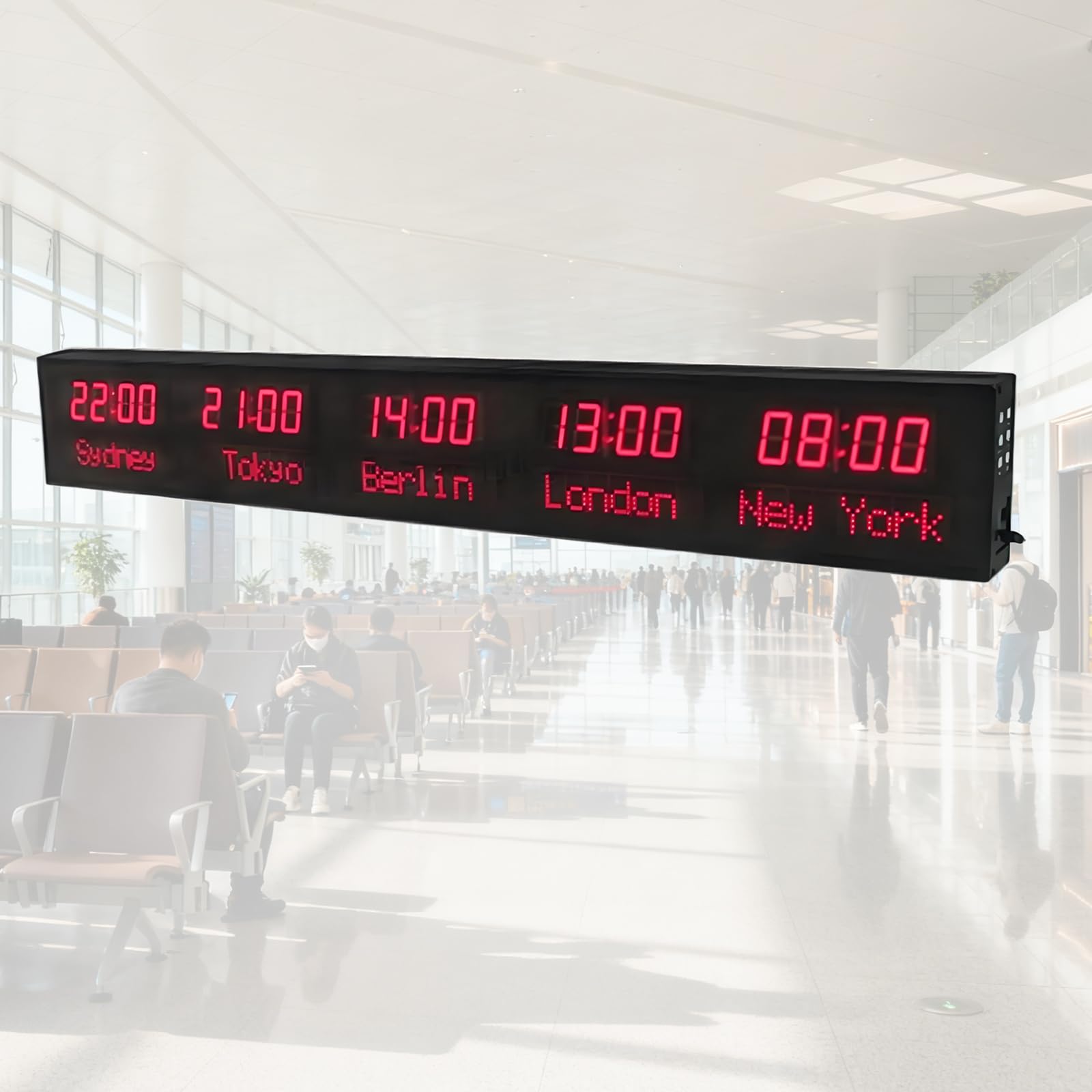 Orologio digitale mondiale, ampio display, luminosità regolabile, alloggiamento in alluminio, fuso orario per hotel, uffici, aeroporti