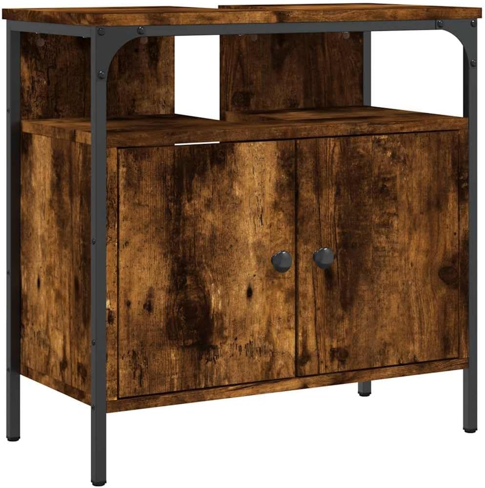 vidaXL Bathroom Sink Cabinet - Smoked Oak 23.6"x11.8"x23.6", Engineered Wood Storage Cupboard with Sturdy Powder-Coated Steel Frame, Modern Under-Sink Organizer