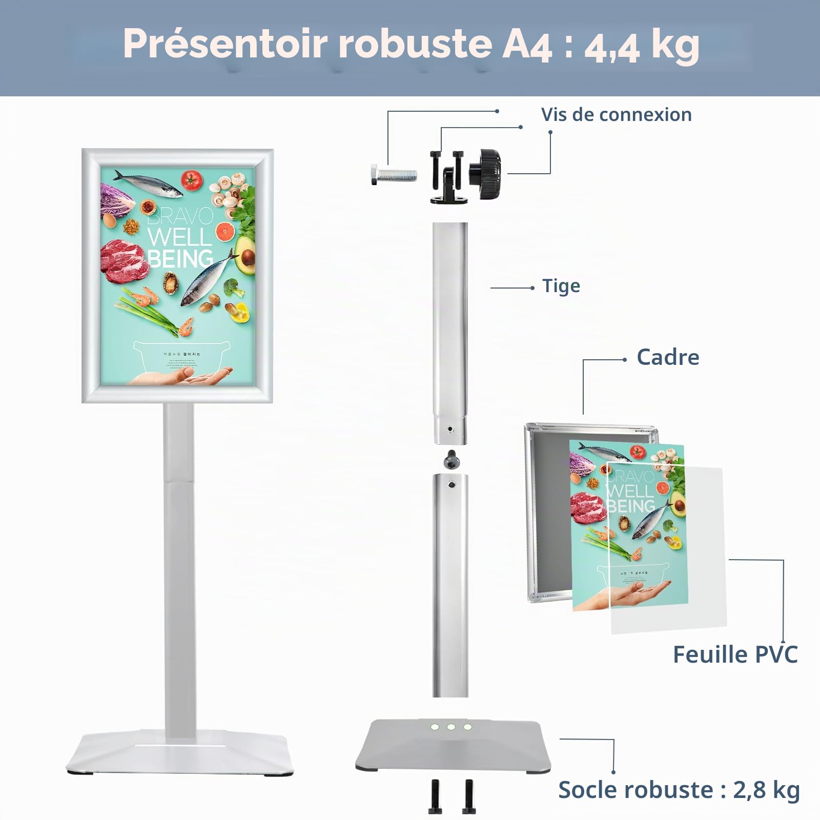 Porte affiche a4 sur pied support de support de panneau robuste Panneau de sol de sol, présentoir d’affiches Panneaux debout en aluminium avec feuille de PVC et socle robuste, argent