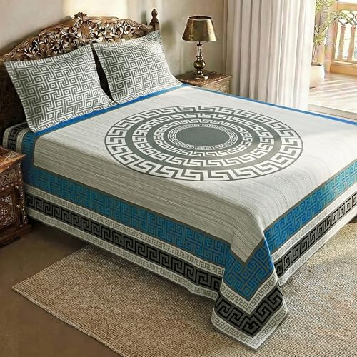 Story@Home Rajasthani Theme Jaipuri Sanganeri Print Double Bedsheet 250x225 cm with Pillow Covers | Cotton Feel 240 TC Ultra Soft Fabric | Grey Ivory Ethnic Motif Design | Breathable & Wrinkle Free