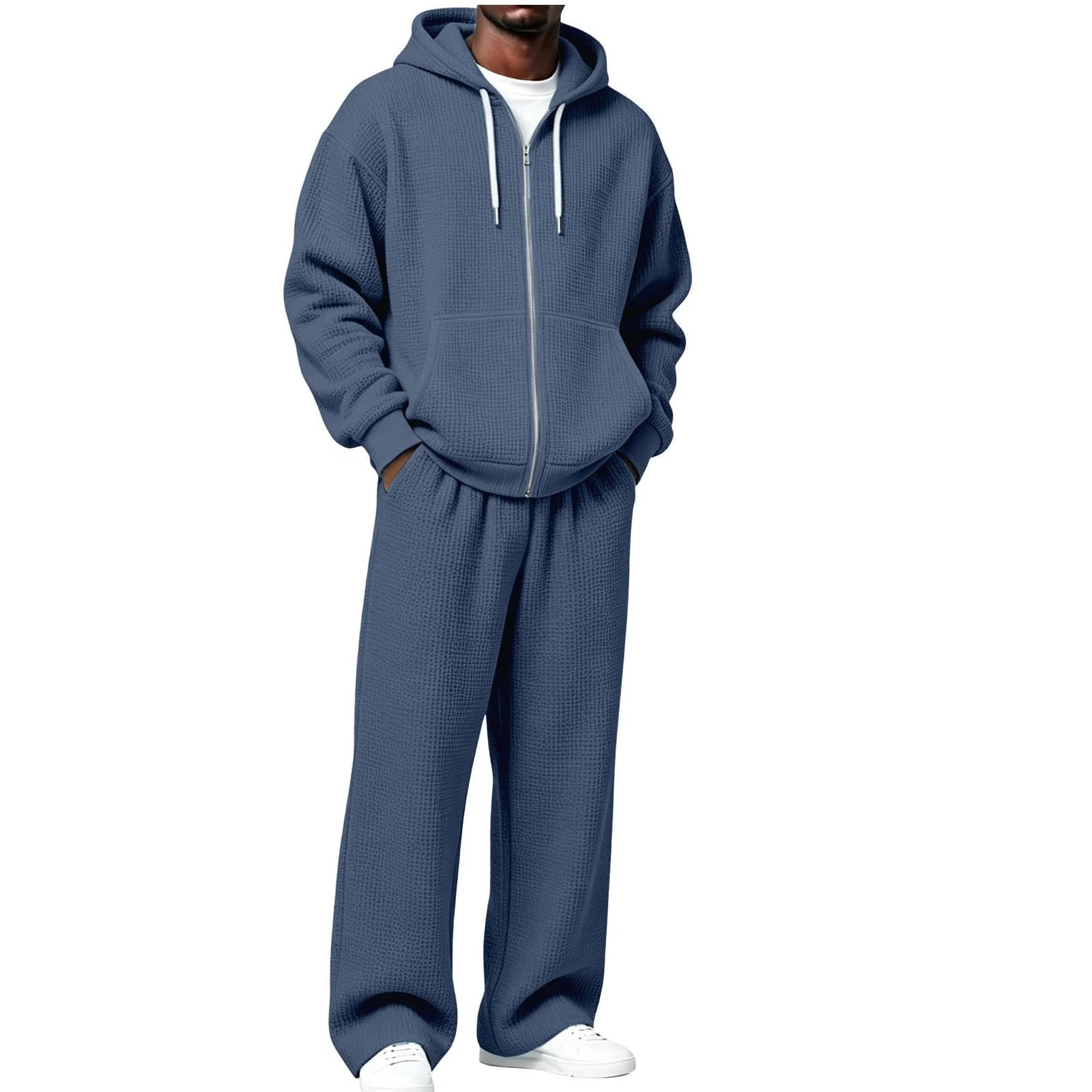 Jogginganzug Herren Waffel Reißverschluss Hoodie Herren 2 Teiler Set Hose