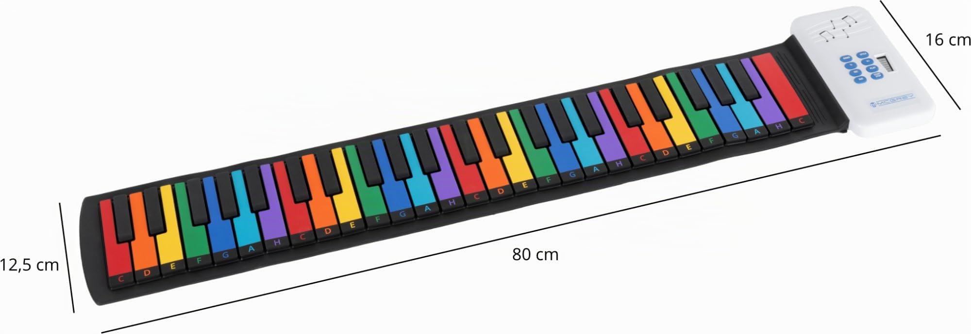 McGrey RA-49 Piano Roll-Up Infantil, 8 timbres, 6 Canciones Demo, 5 x 2 cm | 49 teclas de piano coloridas en tamaño estándar, Nombre de nota en alemán en cada tecla colorida, Salida para auriculares