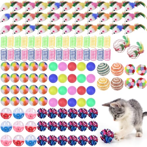 Shappy 150 Pcs Cat Toys for Indoor Cats Bulk Kitten Toys Pack Variety Interactive Gift Including Mice Rainbow Balls Spring Crinkle Balls Gift for Kitty Kitten Cat(Classic)
