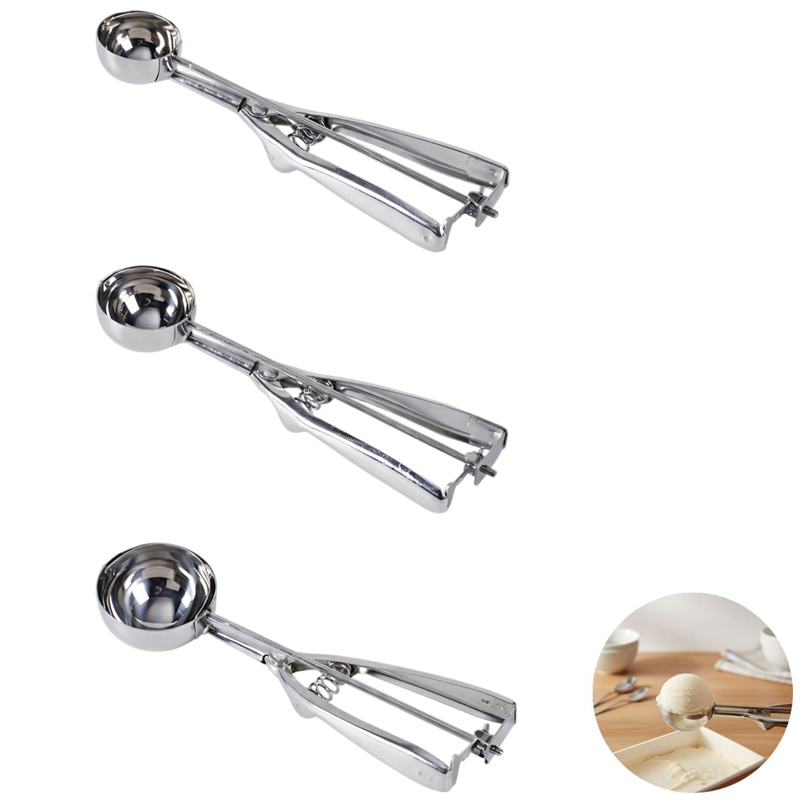 Lot de 3 cuillères à glace en acier inoxydable, grandes, moyennes et petites, cuillère à boules pour fruits, manche ergonomique pour glace, fruits et pâte à cookies, facile à nettoyer