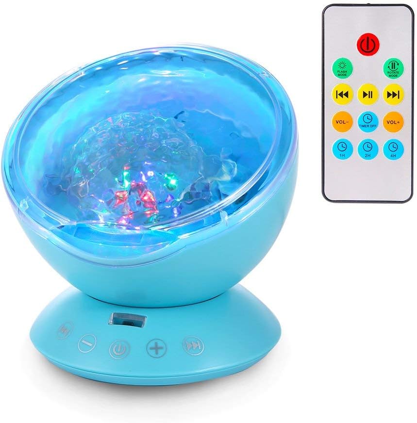 ALFALED Remote Control Ocean Wave Projector 7 Modes Color Changing LED Night Light with Built-in Music Player for Kid's Bedroom Bathroom Living Room Blue