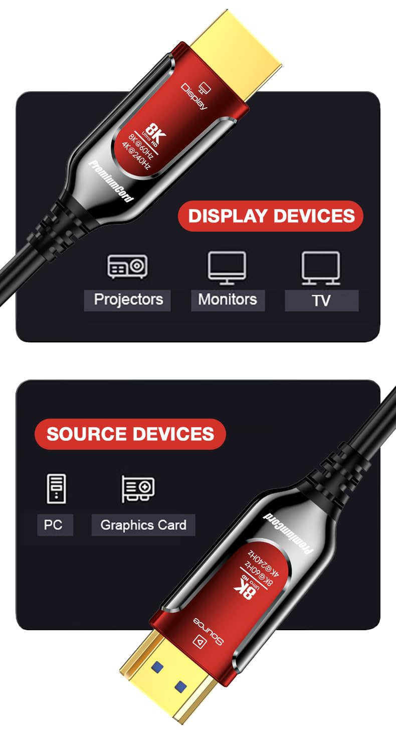 PremiumCord 8K Câble à Fibre Optique HDMI 2.1, Ultra High Speed 48 Gbit/s, 3D, EDID, ARC, HDR, Résolution 8K@60Hz 4320p, 4K@240Hz, Compatible PS5, Xbox X, PC, TV, Noir/Rouge, Longueur 30 m