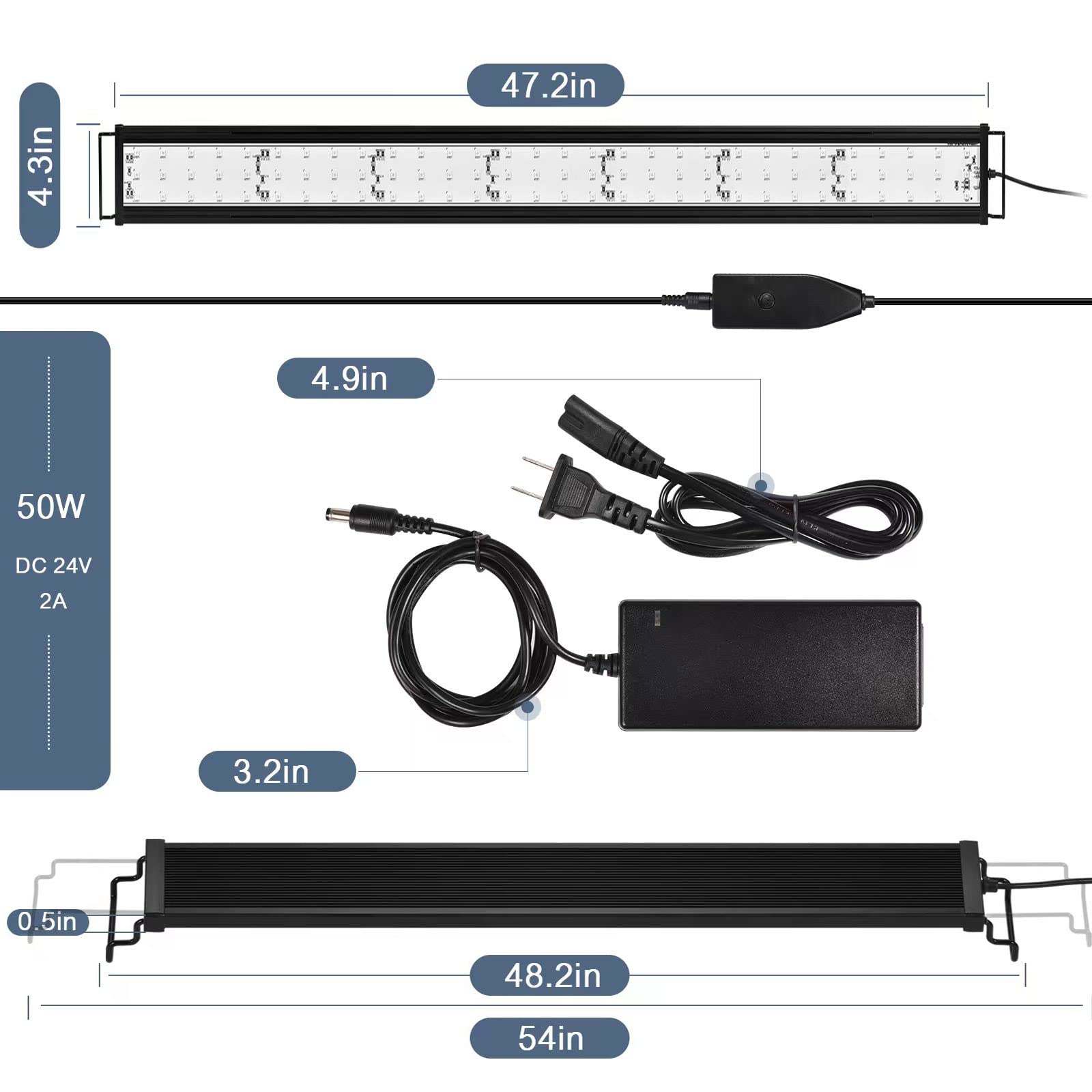 LED Aquarium Smart Éclairage Aquarium, Bluetooth Smart APP Control Fish Tank Light, 50W RGBW Spectre Complet Lumiere Eclairage, Mode programmable DIY, avec Minuterie,Convient 120-140cm aquariums.