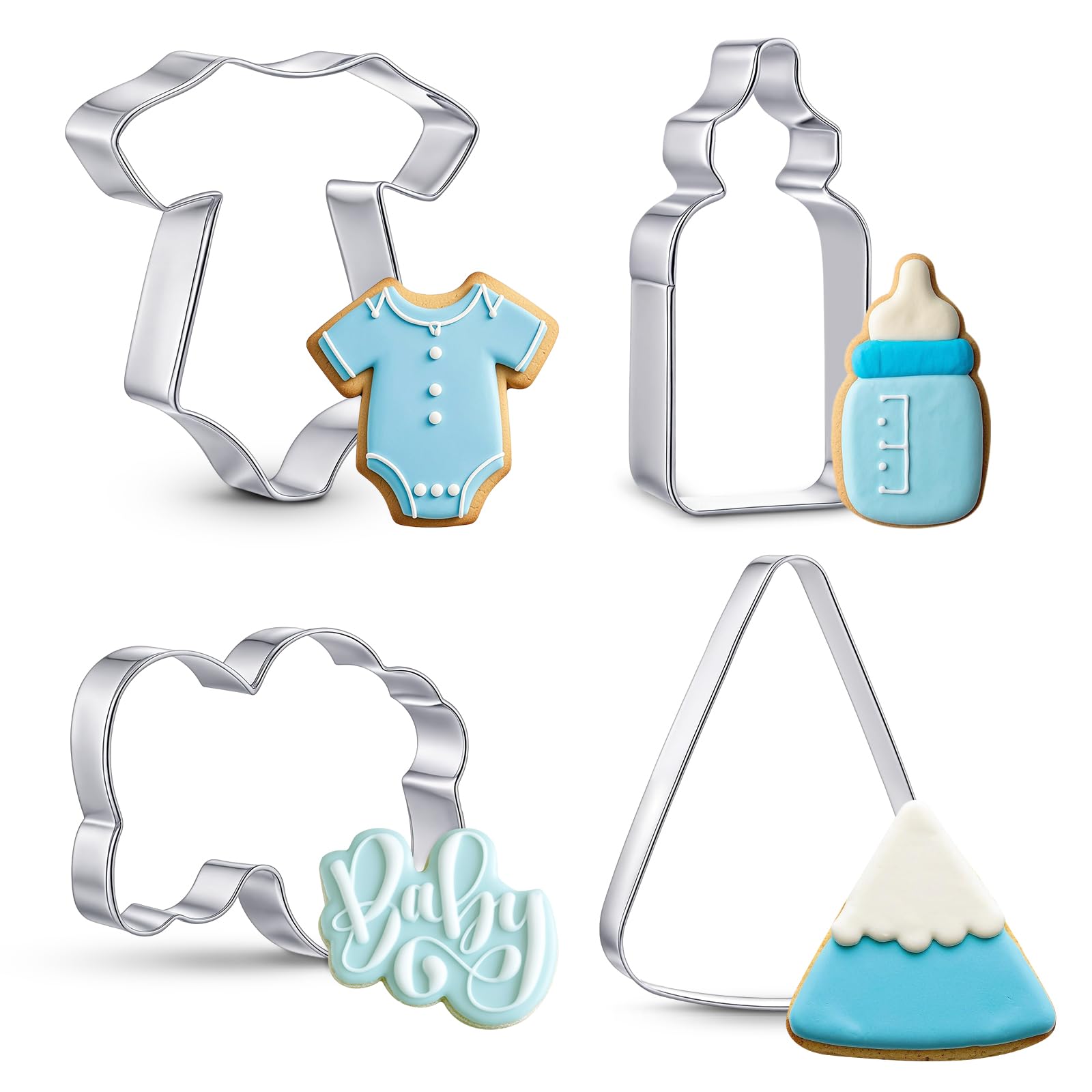 Teenyyou 4 cortadores de galletas para baby shower, cortador de galletas de acero inoxidable para bebé, palabras de bebé, cuña y cortadores de galletas para biberones para bebé