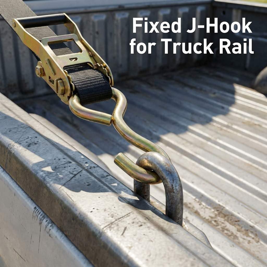 QWORK Fibbia a cricchetto con gancio singolo lungo, confezione da 6 cinghie a cricchetto da 5,1 cm, ganci a J, sicurezza per camion cargo