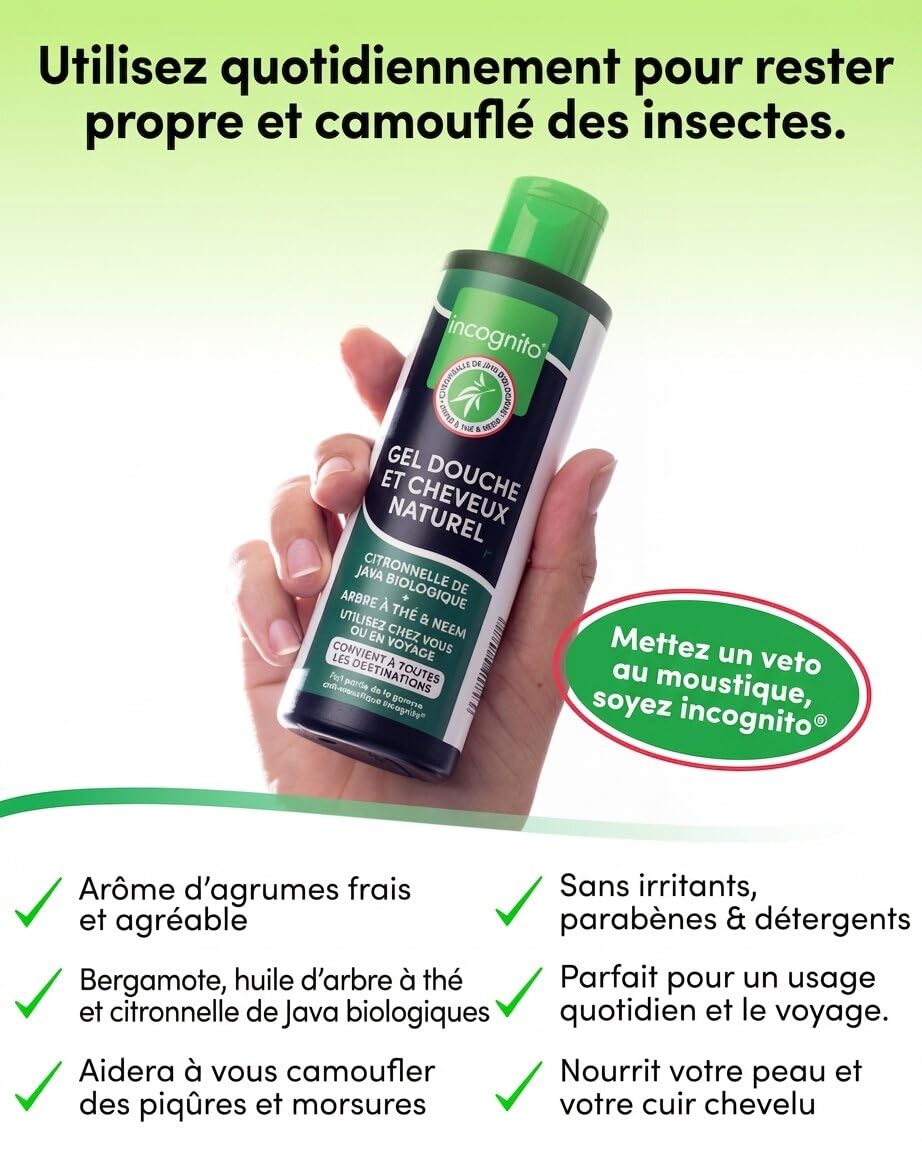 Incognito Gel Douche & Shampoing Java Citronella 200 ml – 2 en 1 Naturel – Aide à Repousser Moustiques et Insectes – Favorise des Cheveux Forts et une Peau Saine – Convient aux Femmes et aux Hommes