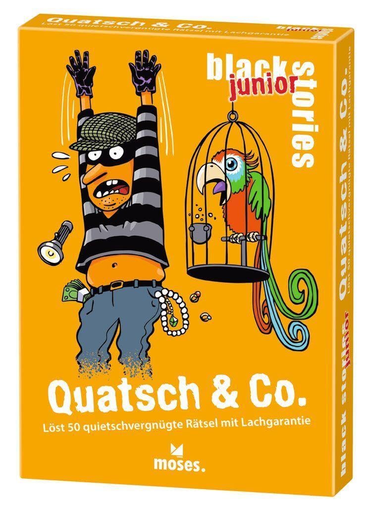 moses 90087 Black Stories Junior Quatsch & Co. -50 Funny Laughter Guarantee, The Puzzle Card Game Two Game Variations, Puzzle Game for Children from 8 Years, Yellow