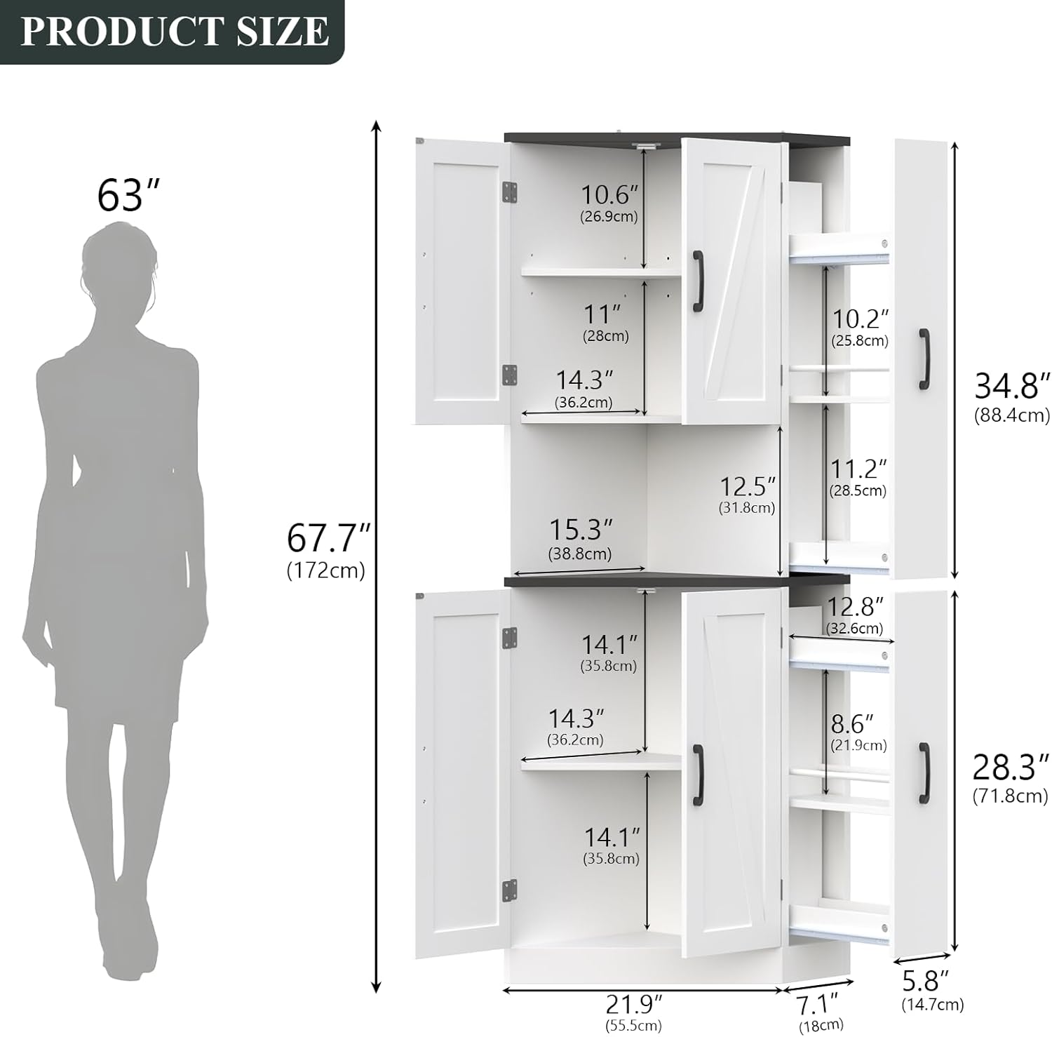 Detailed dimensions of the 68 inch Tall Corner Cabinet