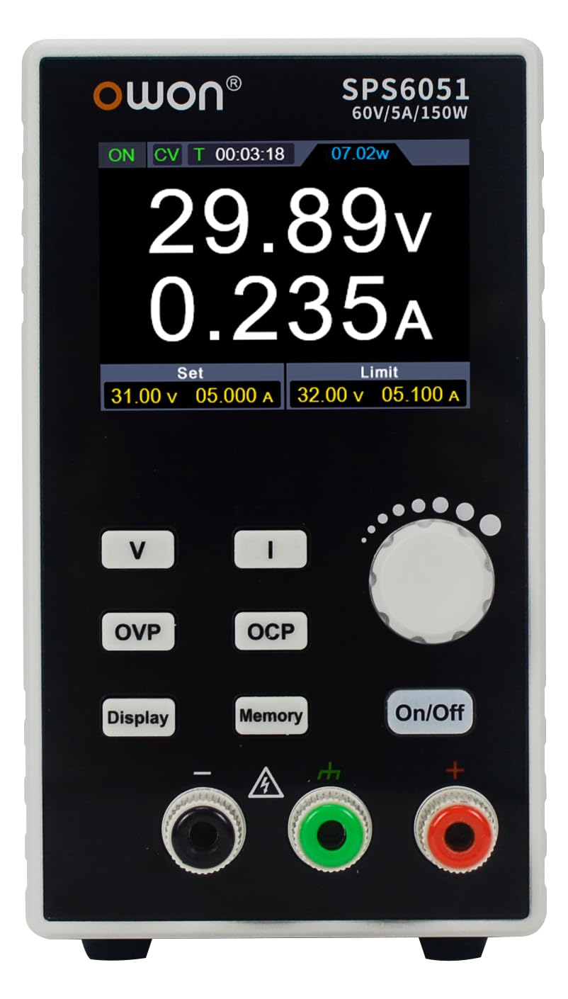 OWON SPS3051 zasilacz sieciowy DC, jednokanałowy, programowalny, zasilacz laboratoryjny z dokładnością wyjściową do 10 mV/1 mA, zakres wyjściowy 0-30 V/0-5 A, moc wyjściowa 150 W, 2,8-calowy ekran TFT