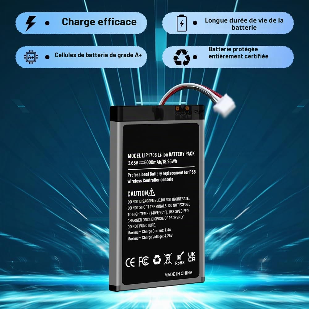 2 Pack PS5 Contrôleur Batterie, 5000mAh Le Remplacement LIP1708 Batterie for PS5 Playstation 5 DualSense CFI-ZCT1W Contrôleur